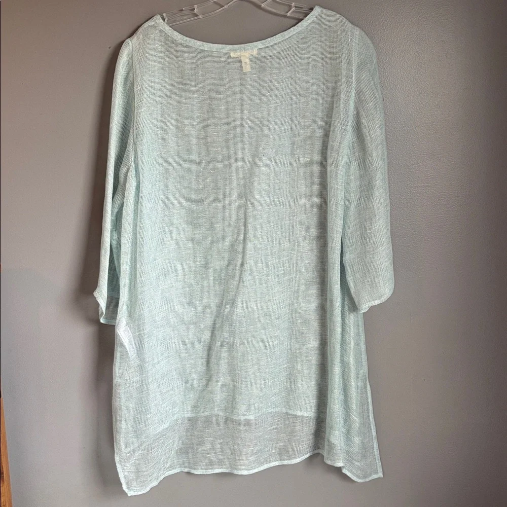 2 Eileen Fisher mesh organic linen tunic tops * tan and light blue * sz LG - Picture 4 of 13